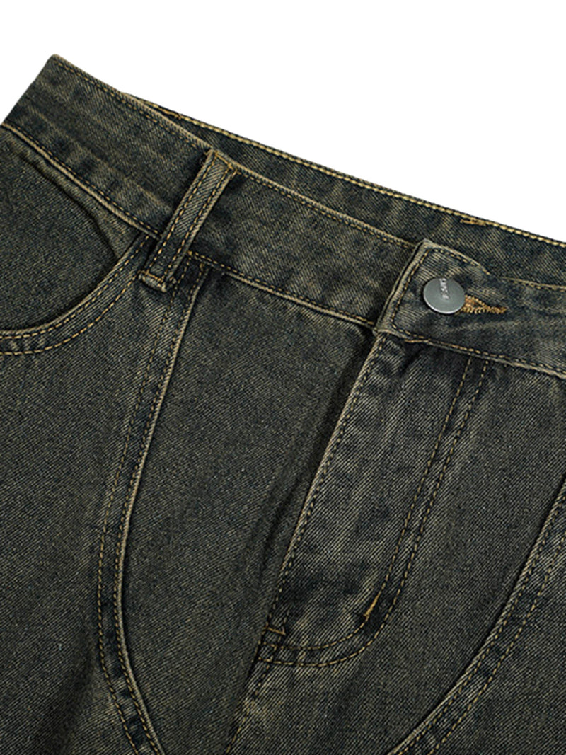 American Distressed Retro Multi-pocket Workwear Washed Jeans