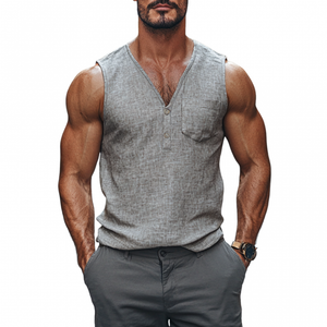 Men's Casual Linen Button V-Neck Patch Pocket Slim Fit Tank Top