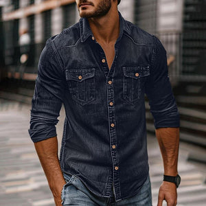 Men's Vintage Washed Distressed Denim Lapel Shirt
