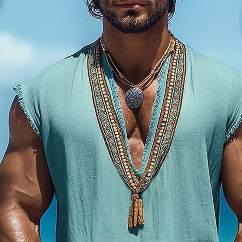 Men's Summer V-neck Retro Embroidered Cotton And Linen Tank Top
