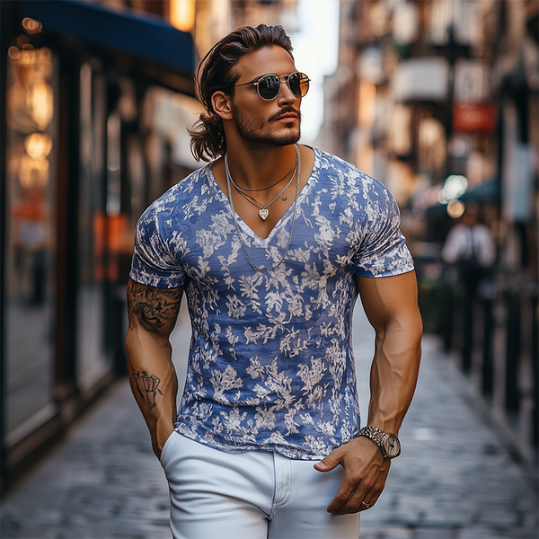 Men's Fashion Casual V-neck Slim Fit Cotton Burnout Fabric Short Sleeve T-shirt