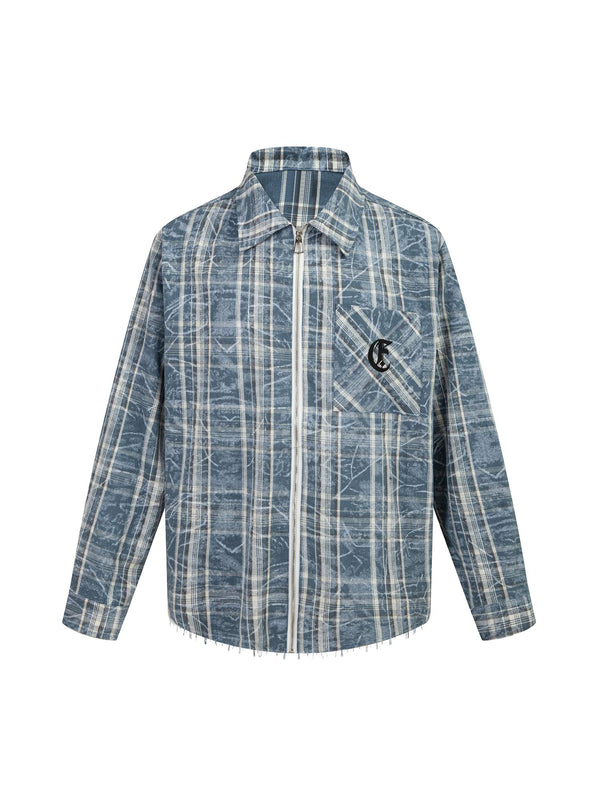 Lettering Print Raw Edge Plaid Shirt