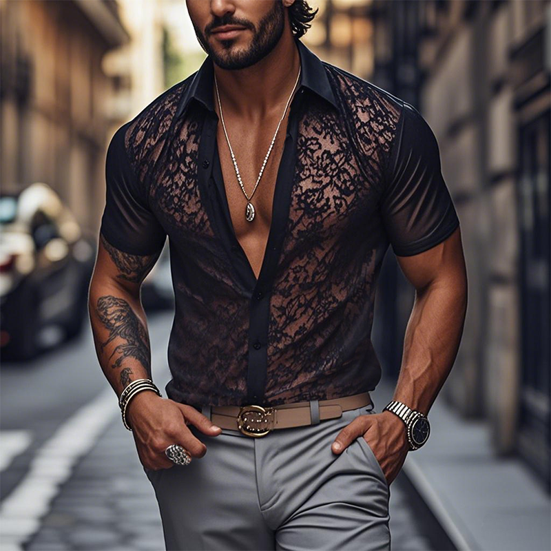 Herren Frühlingsmode Sexy Spitze Slim Schwarz Kurzarmhemd