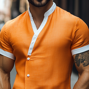 Men's Spring Vintage Fashion Slim Stand Collar Cotton And Linen Short Sleeve Shirt