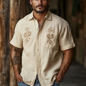 Men's Casual Khaki Tencel Vintage Embroidered Short-sleeved Shirt