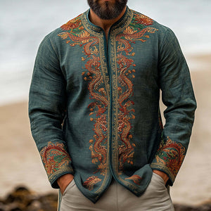 Men's Retro Casual Embroidered Collarless Long Sleeve Shirt Jacket