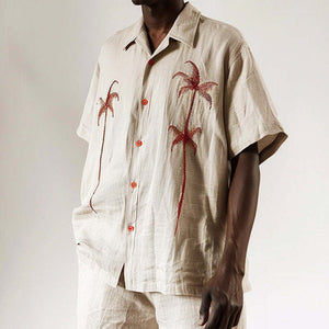 Men's Casual Palm Leaf Embroidered Short Sleeve Shirt