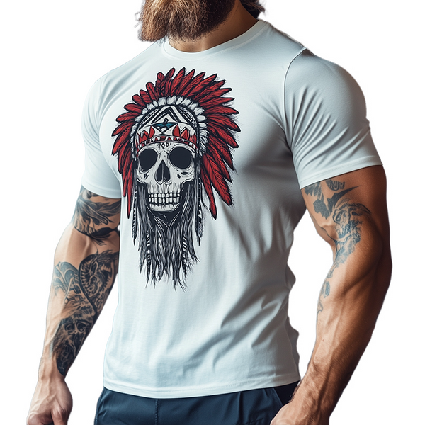 Herren-T-Shirt aus Baumwolle im Vintage-Stil mit indischem Totenkopf-Aufdruck, lässig, sportlich, Rundhalsausschnitt, kurzärmelig