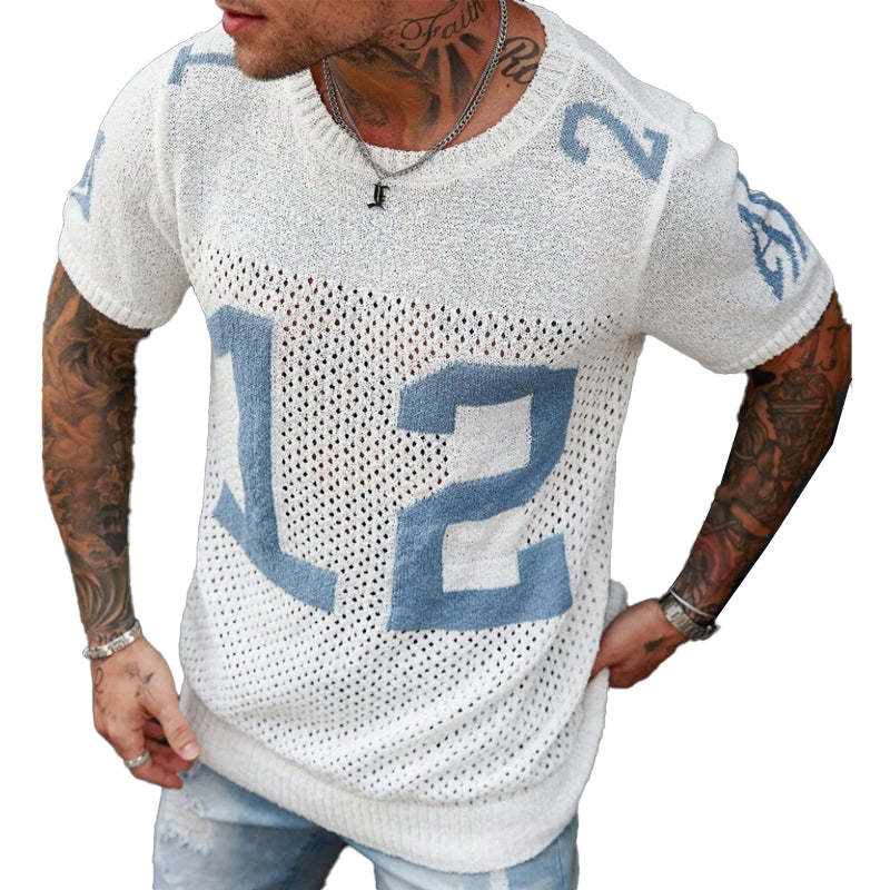 Men's Sport Lettering Jacquard Crew Neck Short Sleeve Sweater T-Shirt