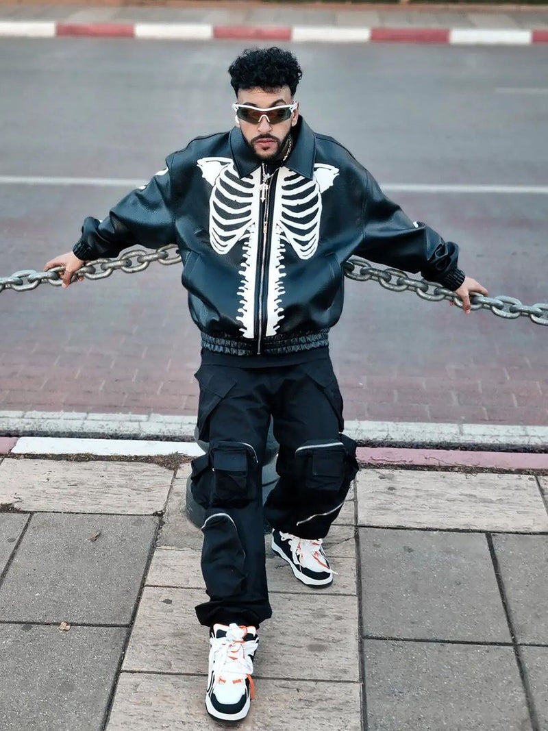 Hip Hop Bones Embroidered Leather Jacket