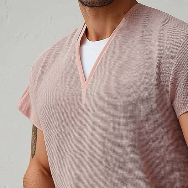 Men's Summer Basic V-neck Textured Short-sleeved T-shirt