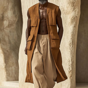 Men's Western Vintage Long Sleeveless Linen Vest