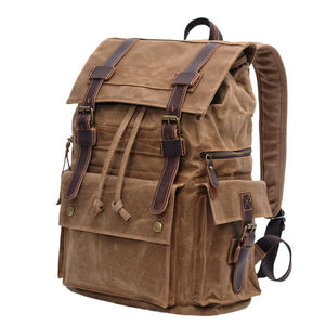 Men's Vintage Beeswax Canvas Outdoor Leather Multi-Pocket Backpack