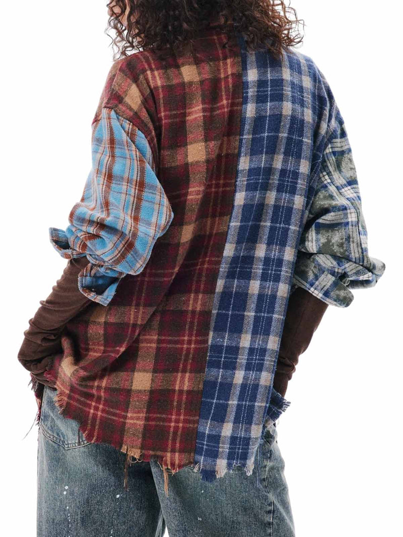 Retro Contrast Color Stitching Cleanfit Plaid Shirt