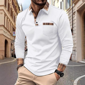 Men's Checked Stitching Lapel Long Sleeve Casual Polo Shirt