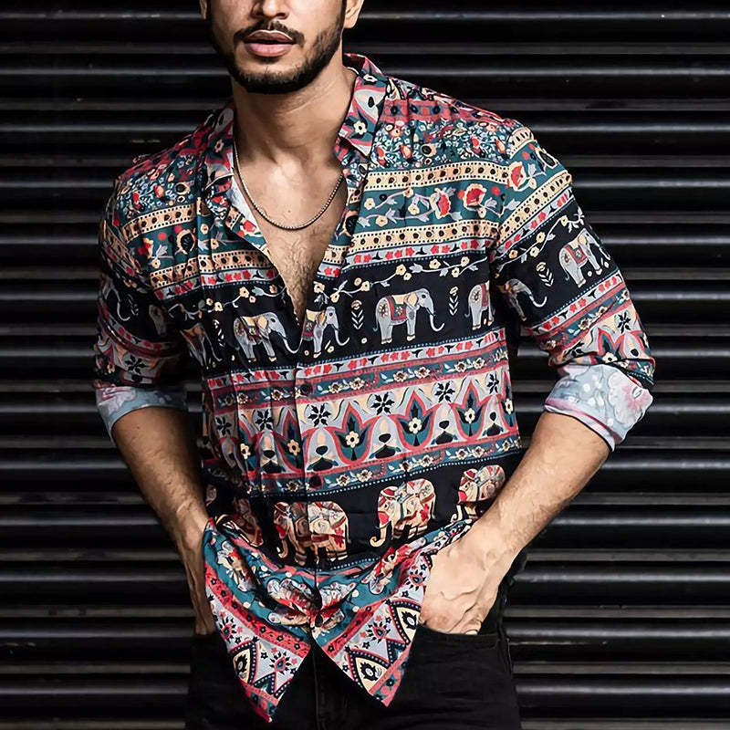 Lässiges Langarmhemd mit Retro-Farbblock-Print für Herren