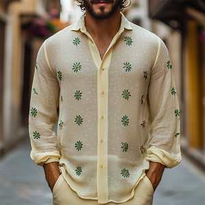 Men's Spring Fashion Silk Cotton Embroidered Long Sleeve Shirt