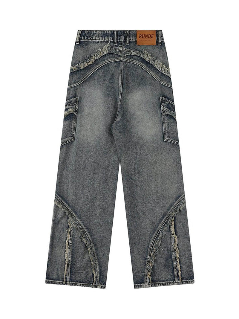 Washed Side Pocket Raw Edge Baggy Jeans