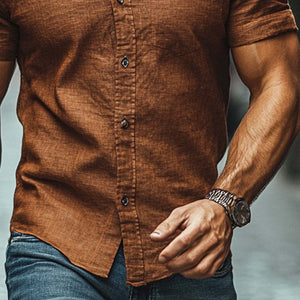 Men's Casual Cotton And Linen Lapel Short Sleeve Shirt