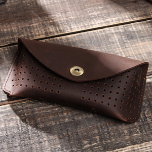 Men's Portable Top Layer Cowhide Hollow Glasses Storage Bag