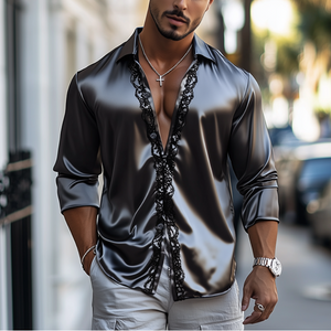 Men's Fashion Casual Lace And Satin Stitching Long Sleeve Shirt