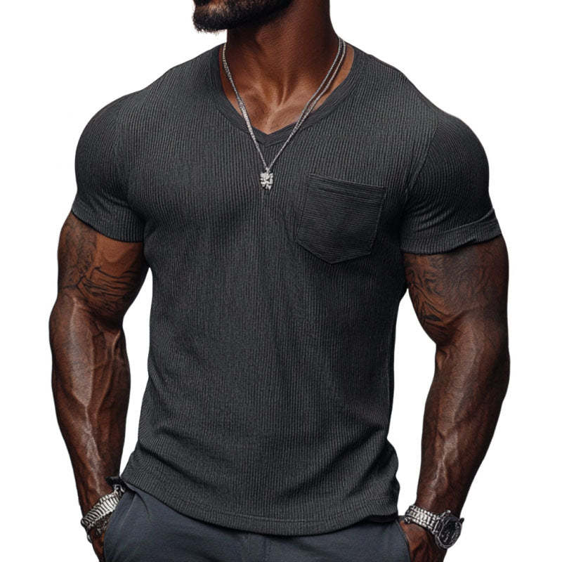 Men's Casual Ribbed Cotton Blend V-neck Slim Fit Short-sleeved T-shirt