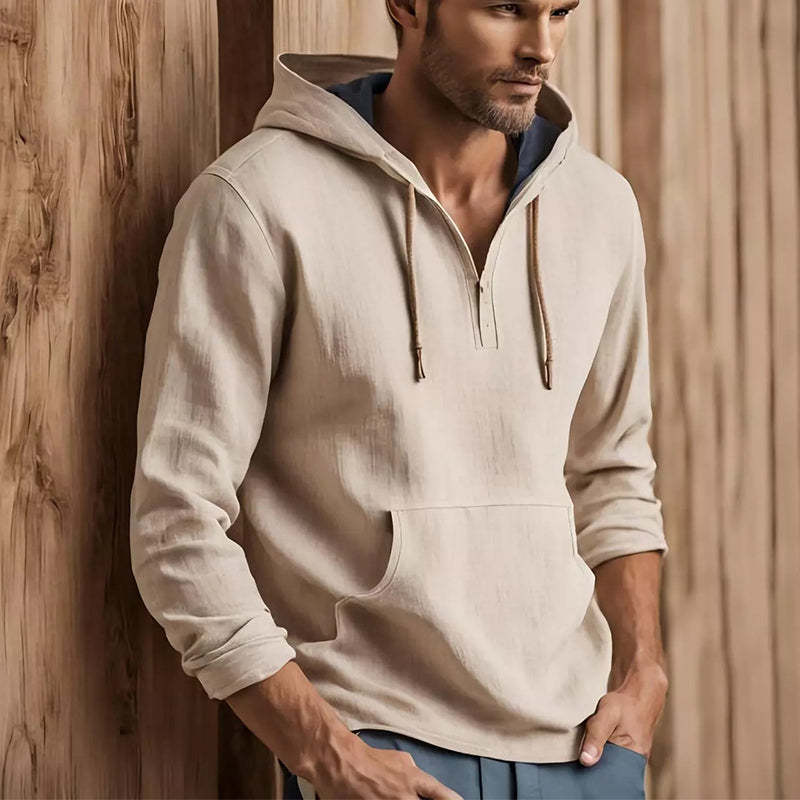 Men's Casual Apricot Cotton And Linen Hoodie