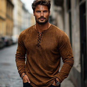 Men's Vintage Brown Suede Lace-Up Long Sleeve T-Shirt
