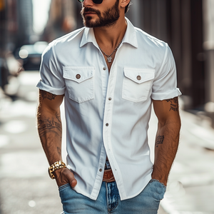 Men's Classic Casual Solid Color Slim Fit Multi-Pocket Short Sleeve Shirt