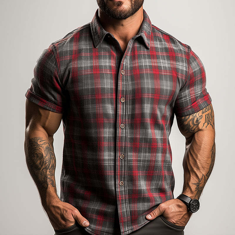 Men's Retro Casual Plaid Print Lapel Short Sleeve Shirt