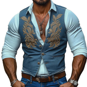 Herren-Weste im Retro-Western-Stil aus Denim mit Stickerei und Knopfleiste