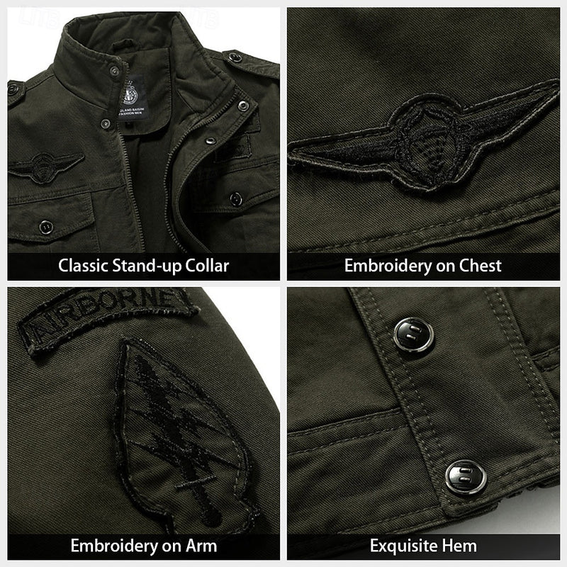 Men's  Cotton Cargo Jacket Coat Side Pockets Zip Front Regular Fit Standing Collar Jacket