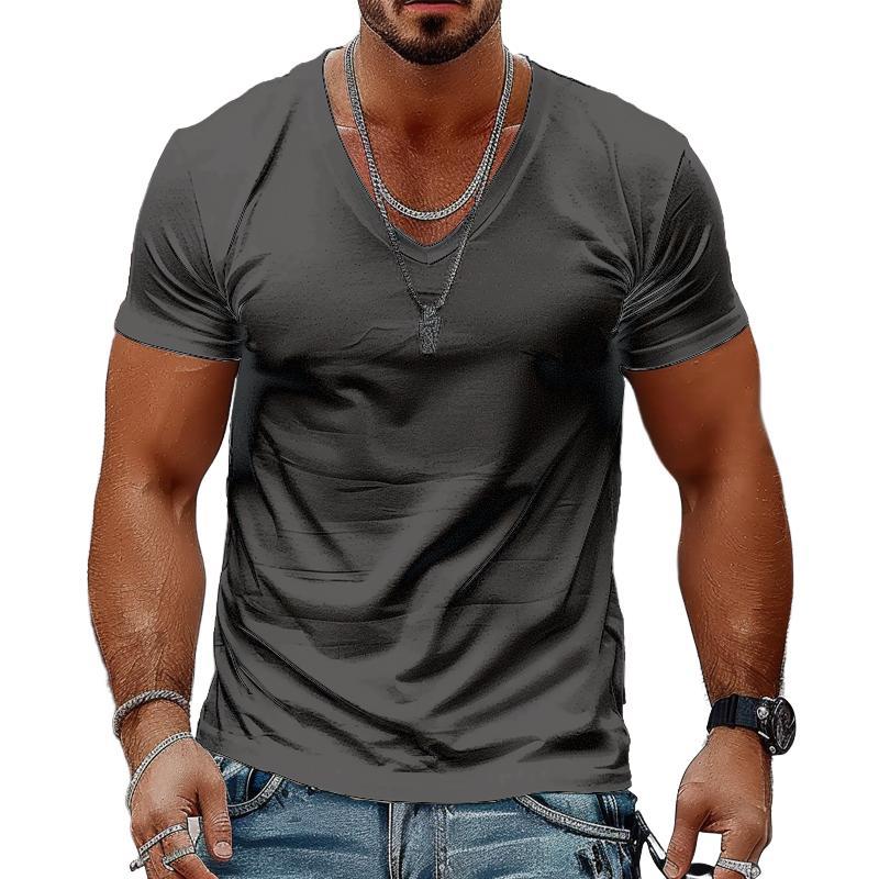 Men's Solid Color Casual V-neck Cotton Short-sleeved T-shirt