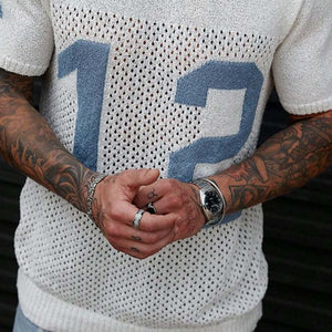 Herren-T-Shirt mit Sport-Schriftzug und Jacquard-Rundhalsausschnitt, kurzärmelig