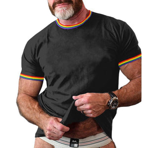 Herren-T-Shirt mit Regenbogenstreifen und Patchwork-Muster, Rundhalsausschnitt, kurzärmelig