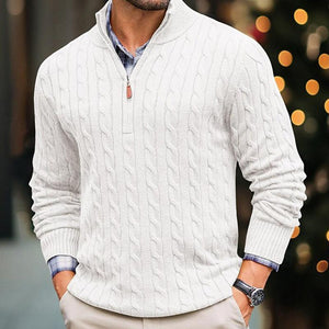 Men's Solid Cable Knit Half High Collar Long Sleeve Sweater
