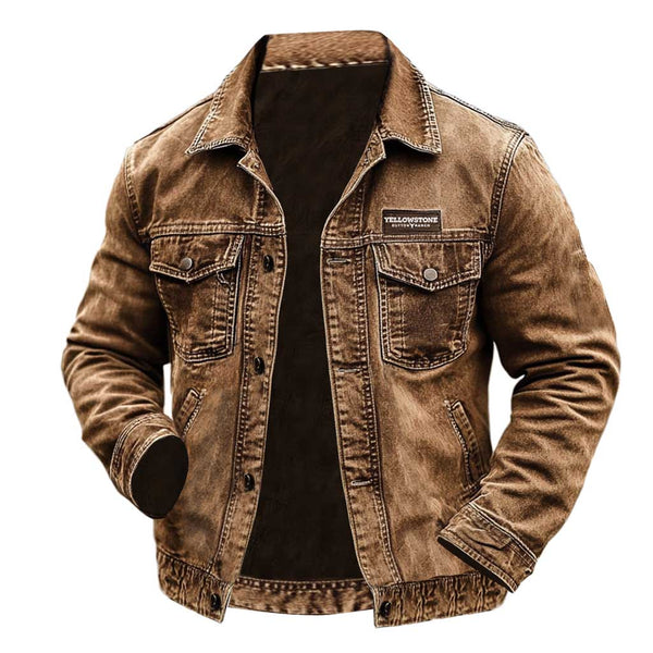 Men's Vintage Yellowstone Jacket Rip Multi-Pocket Distressed Lapel Outdoor Jacket