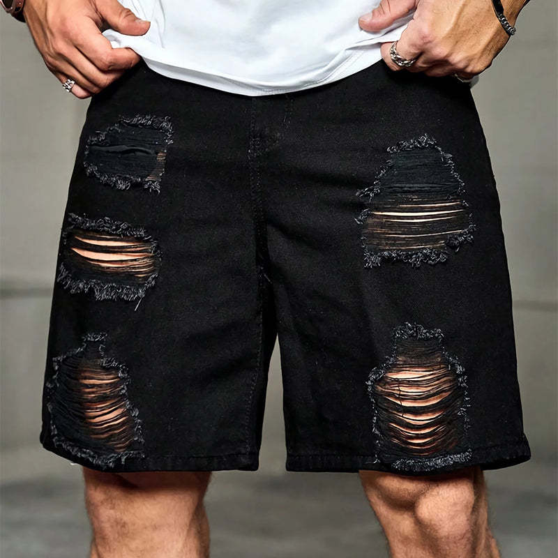 Lockere schwarze zerrissene Jeansshorts für Herren im Sommer
