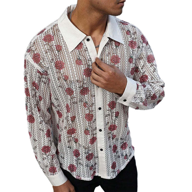 Herren-Strickhemd mit langen Ärmeln aus Rosenjacquard