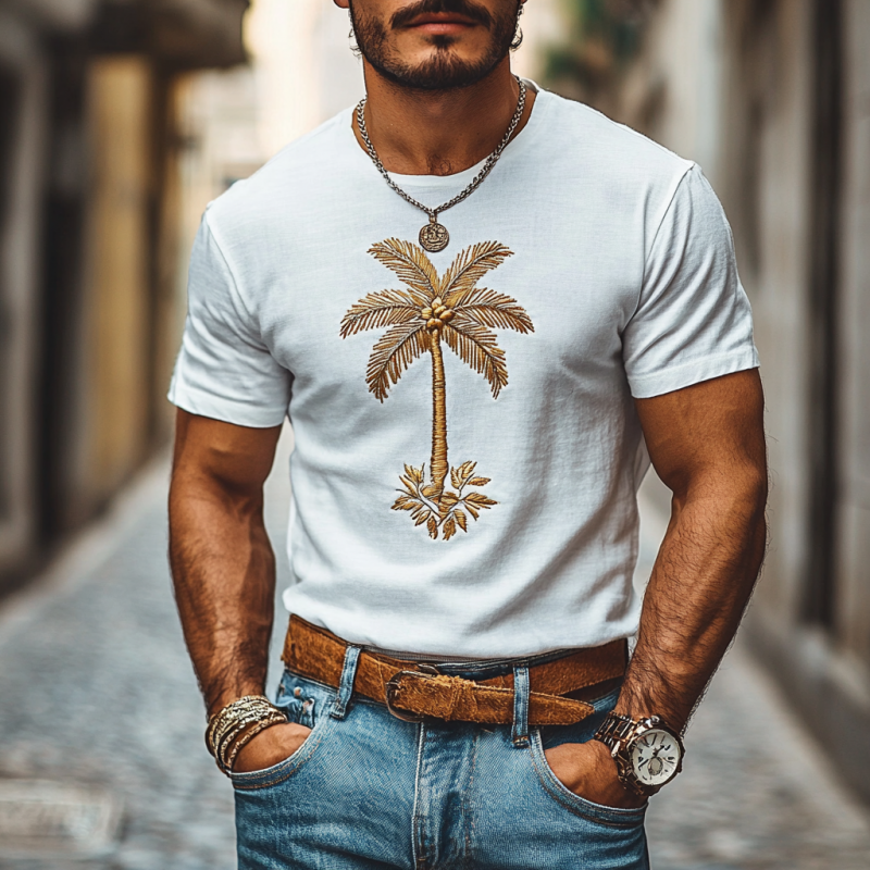 Lässiges Herren-T-Shirt mit Kokosnussbaum-Stickerei, Baumwolle, Rundhalsausschnitt, schmales Kurzarm-T-Shirt