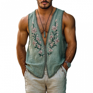 Men's Casual Linen Flower Embroidered V-Neck Ribbon Slim Fit Tank Top