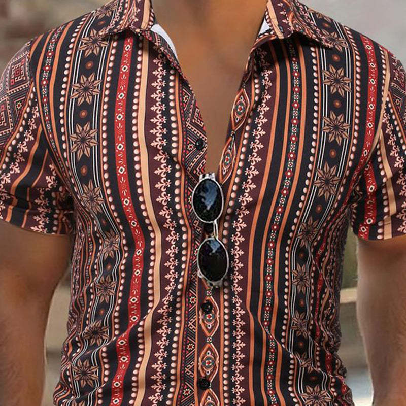 Men's Retro Stripe Print Casual Short Sleeve Shirt