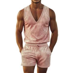 Men's Spring Fashion Casual Deep V-Neck Embroidered Suede Vest Elastic Waist Shorts Set