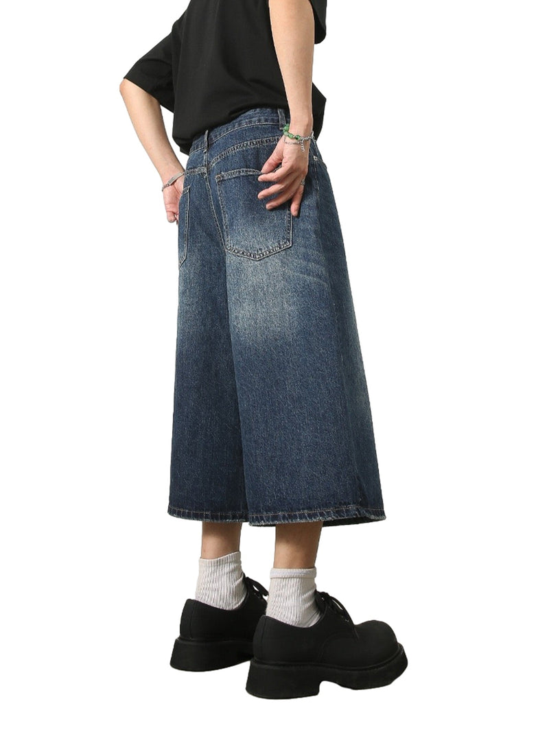 Retro Ripped Blue Straight Wide Leg Jort