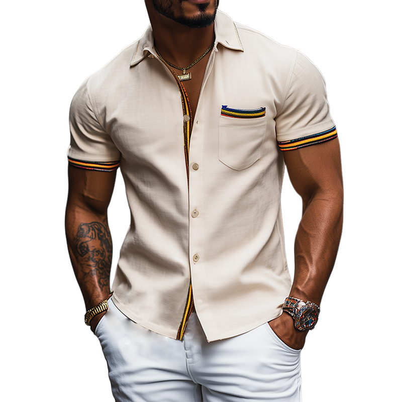 Herrenmode Casual Slim Fit Buntes Bandnähte Kurzarmhemd aus Baumwolle und Leinen