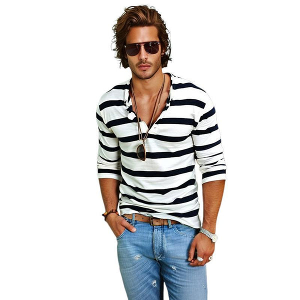 Lässiges, gestreiftes Langarm-T-Shirt mit Henley-Kragen für Herren