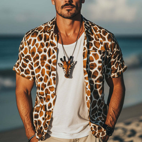 Men's Summer Fashion Giraffe Texture Print Casual Short Sleeve Shirt