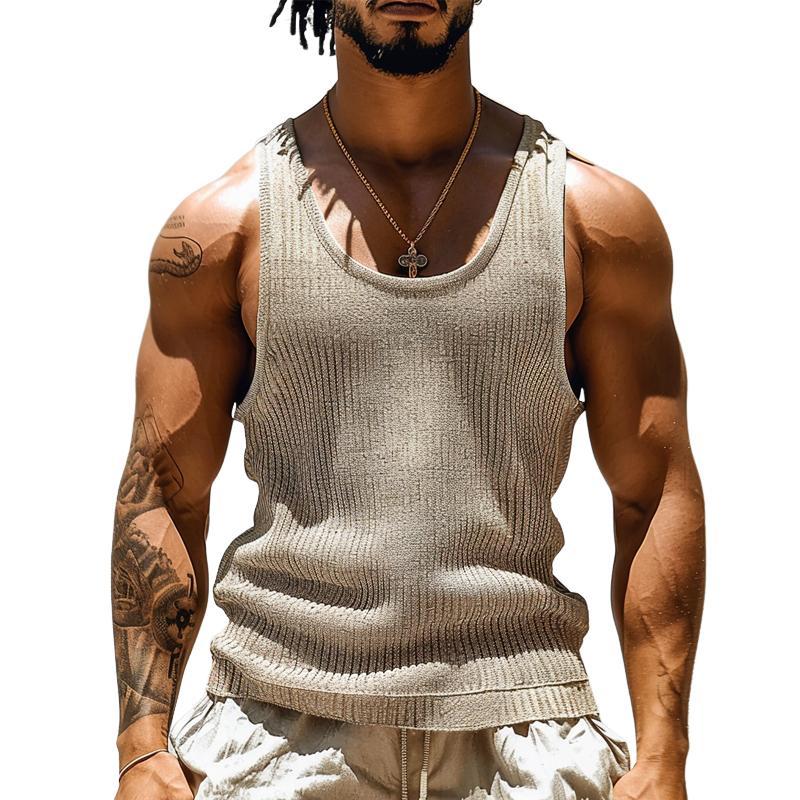 Einfarbiges, gestreiftes und strukturiertes Tanktop für Herren mit Rundhalsausschnitt
