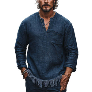 Lässiges Vintage-T-Shirt aus Baumwolle und Leinen mit V-Ausschnitt für Herren in Marineblau