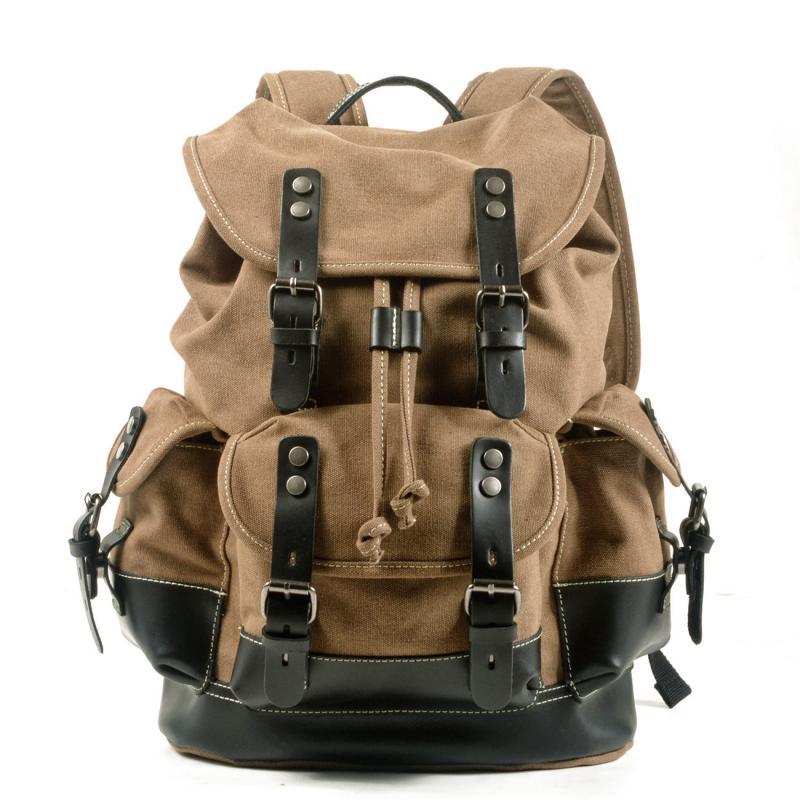 Men's Vintage Outdoor Canvas Stitching Leather Multi-Pocket Backpack